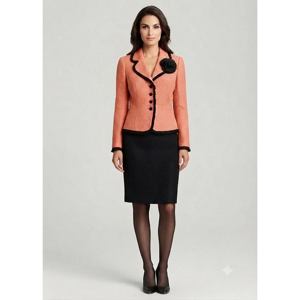 Talbots Skirt Suit Women 4 Coral Black Tweed Fringe Rosette Blazer Pencil Skirt